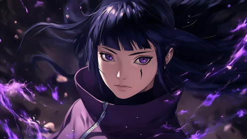 Purple eyed character in dark coat with floating hair.