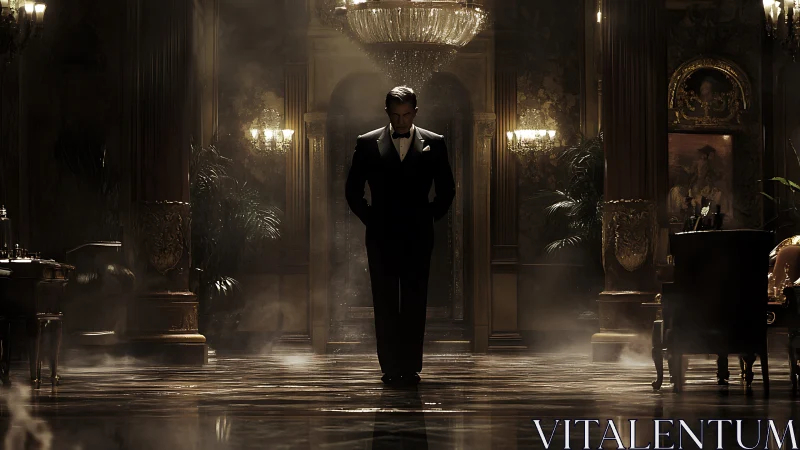 Formal figure in neo-baroque hall under cinematic haze.