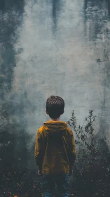Solitary child stands before weathered blue concrete wall.