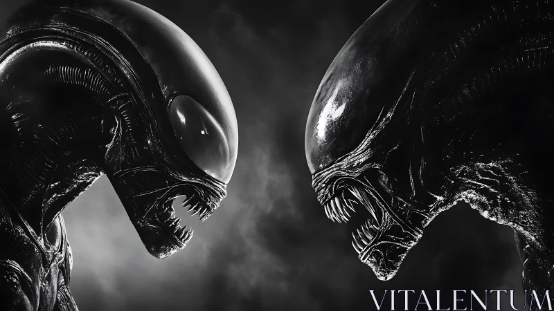 Opposed biomechanical extraterrestrial heads in profile view.