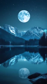 Moonlit alpine lake mirrors frozen mountain skyline.