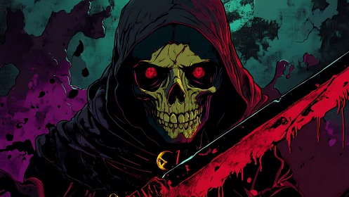 Hooded skeletal figure holds bloodstained sword in profile