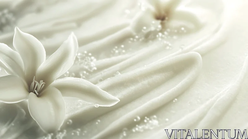 White flower resting on creamy textured liquid surface