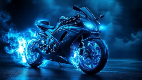 Futuristic blue sport motorcycle with glowing energy wheels.