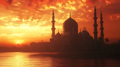 Mosque silhouette stands against dense orange sunset sky