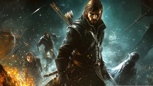 Fantasy rogue warrior leads stormlit cinematic battle scene.