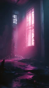 Neon dusk floods an abandoned room through overgrown windows