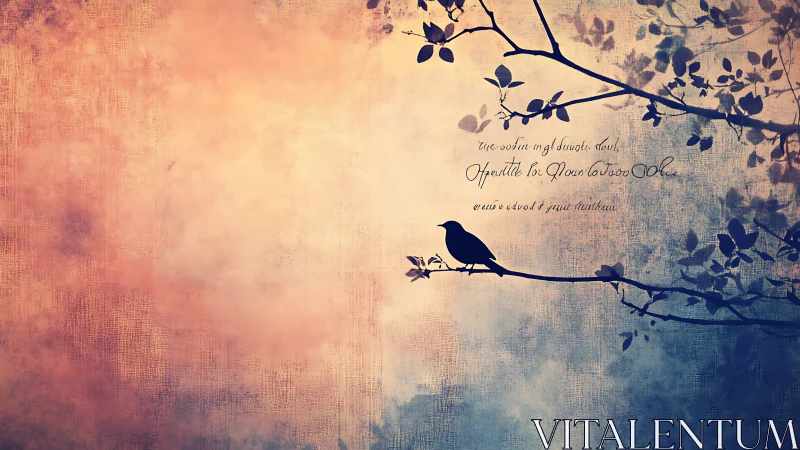 Digital watercolor silhouette of bird on twilight branch.
