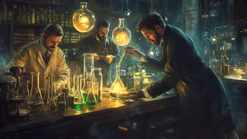 Victorian chemists refine glowing elixir under warm lamps.