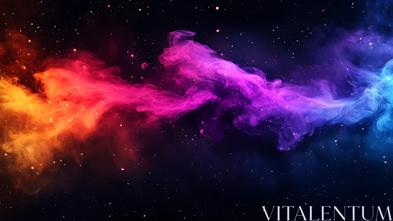 Colorful nebula stream across starry deep space field.