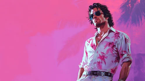 Retro neon beach drifter in floral shirt under palm glow.