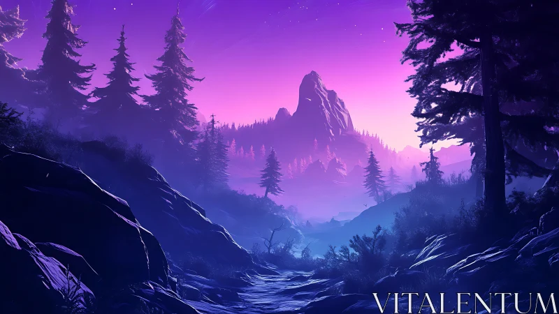 Mystical forest valley bathed in purple twilight glow