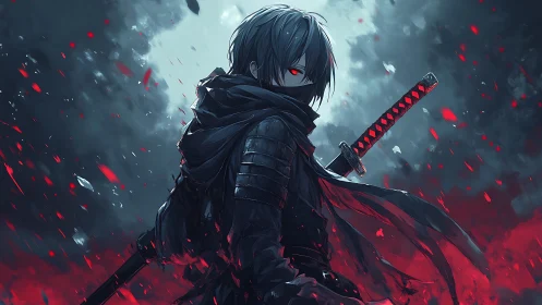 Hooded swordsman with red eyes in storm of embers.
