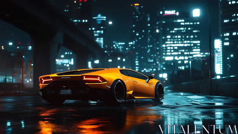 Yellow sports coupe on wet urban roadway at night in rain.