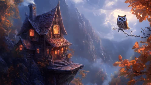 Cozy cliffside cottage and watchful owl in glowing twilight.