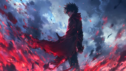 Solitary figure stands amid red energy and turbulent clouds