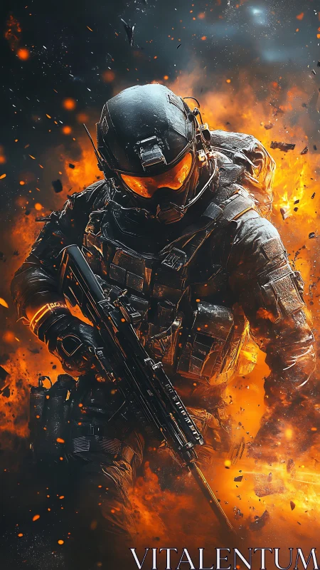 Armored futuristic soldier charging through fiery blast.
