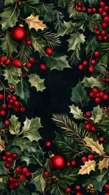 Christmas holly wreath border with red berries and baubles.