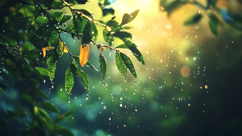 Glowing rainlit leaves in soft golden forest bokeh panorama.