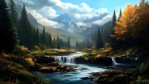 River lullaby beneath storm-brushed alpine guardians.