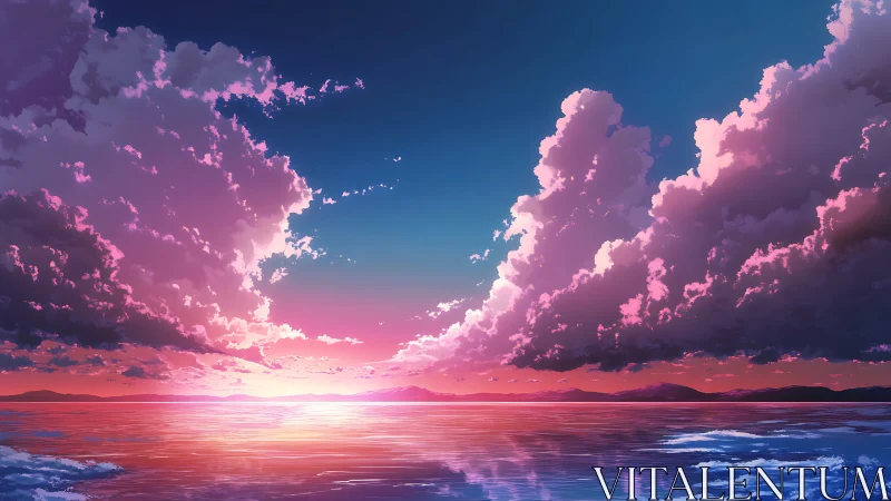 Radiant sunset clouds embrace a tranquil reflective sea horizon.