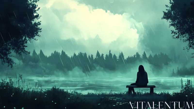 Solitary dreamer quietly measures the rainlit forest lake