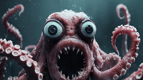 Ferocious stylized octopus with fanged mouth and wide eyes.