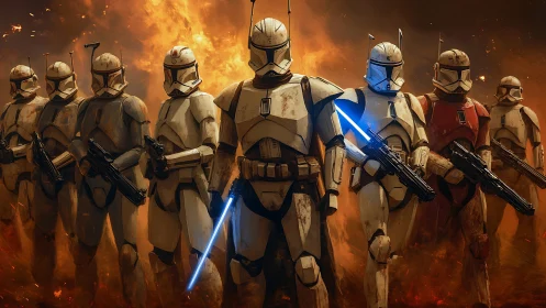 Armored sci fi soldiers advance through burning battlefield