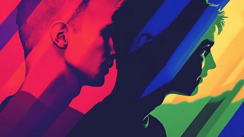 Dual male silhouettes in multicolored abstract overlay design.