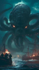 Colossal sea creature rises over burning ships at dusk.