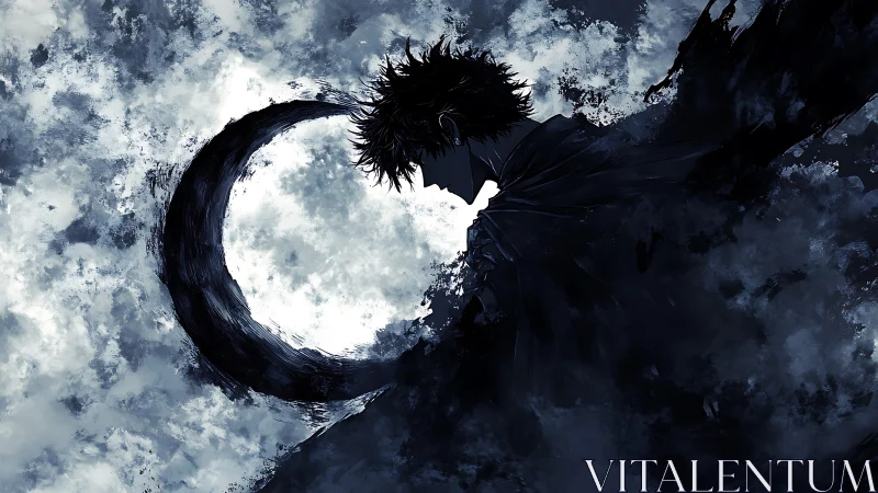 Silhouetted warrior eclipses moon in swirling ink storm