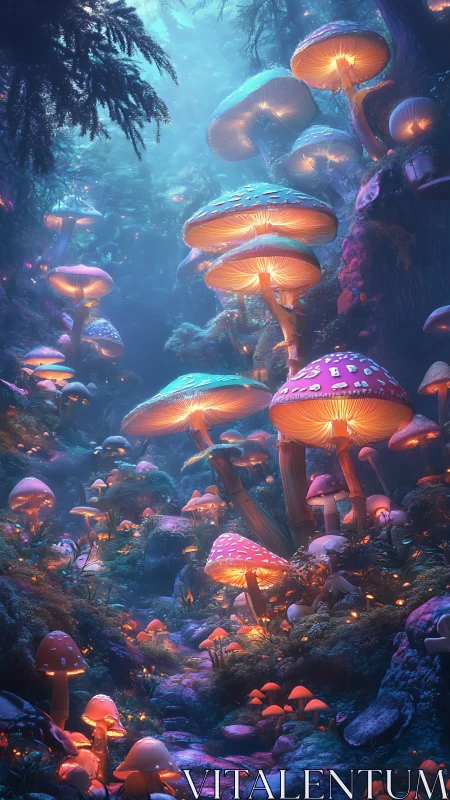 Bioluminescent mushroom forest glows with ethereal neon light.