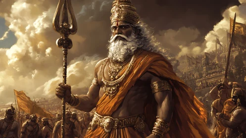 Mythic warrior king with trident amid storm-lit battlefield