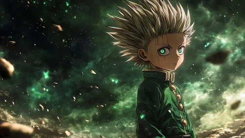 Spiky haired child warrior in emerald cosmic debris field