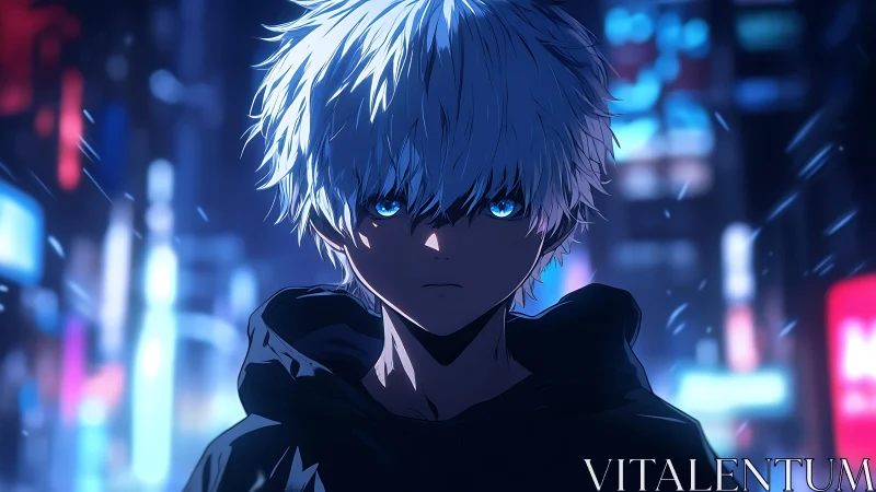 White haired anime boy in dark neon city at night.