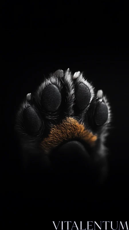 Photoreal macro of canine paw pads on black field.
