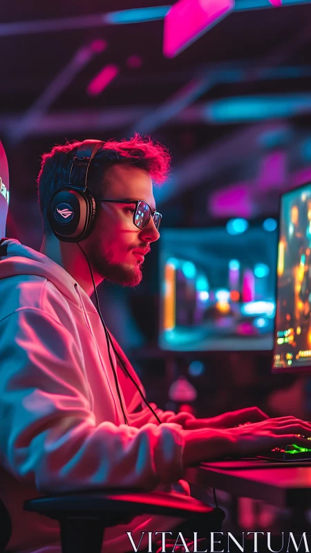 Gamer sits at RGB-lit PC setup wearing headphones and glasses.