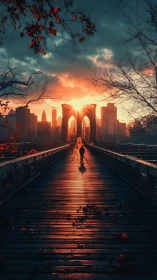 Solitary figure crosses city bridge under blazing sunset glow