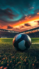 Soccer ball on stadium pitch under dramatic sunset sky.