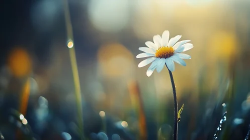 Sunlit loner daisy dreaming above a dewy meadow hush.