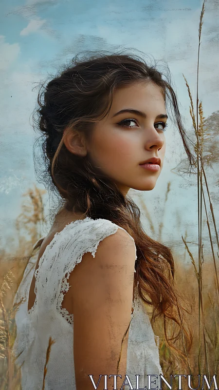 Young woman in field rendered as soft-focus digital portrait
