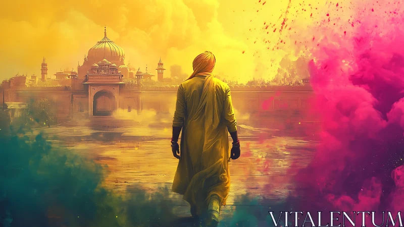 Golden steps through swirling festival colors of wonder.