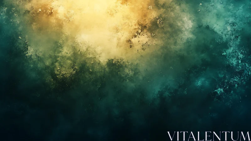 Abstract atmospheric digital painting with teal and golden hues.