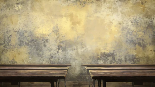 Weathered studio wall with rustic wooden worktables.