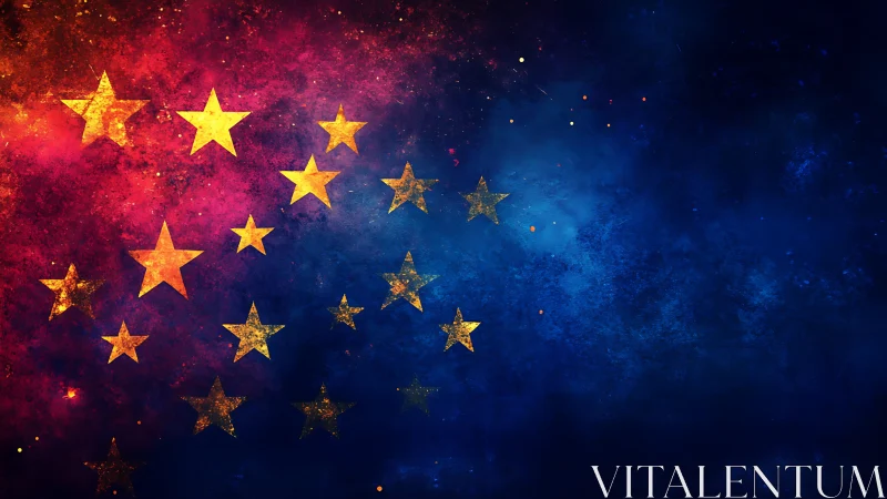 Golden stars form a curved diagonal band across a nebula field