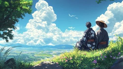 Two friends in kimono overlooking sunlit rural valley.