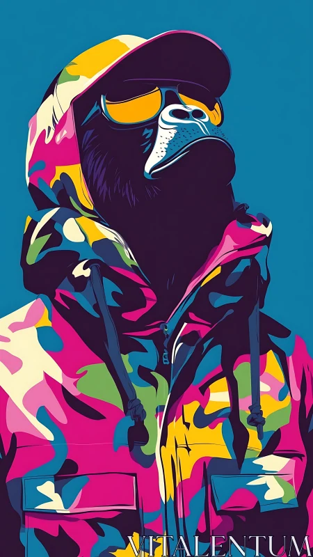 Vibrant streetwear gorilla gazes upward in bold colors.