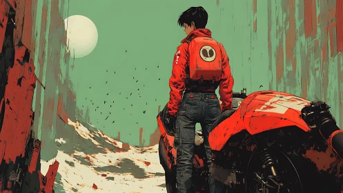 Retro-futurist rider surveying decayed corridor landscape.