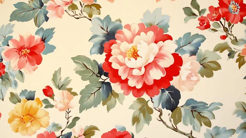 Floral surface pattern with layered peony blooms and stylized foliage