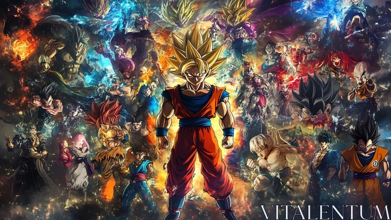 Central golden‑haired fighter stands before chaotic battle collage